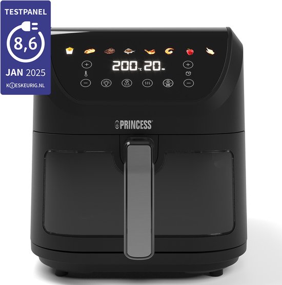 Princess Airfryer 182258 - Heteluchtfriteuse - 8 liter - Kijkvenster - Zwart - PFAS vrij - 8 automatische programma's - Digital Touchscreen - 2000 W - venster