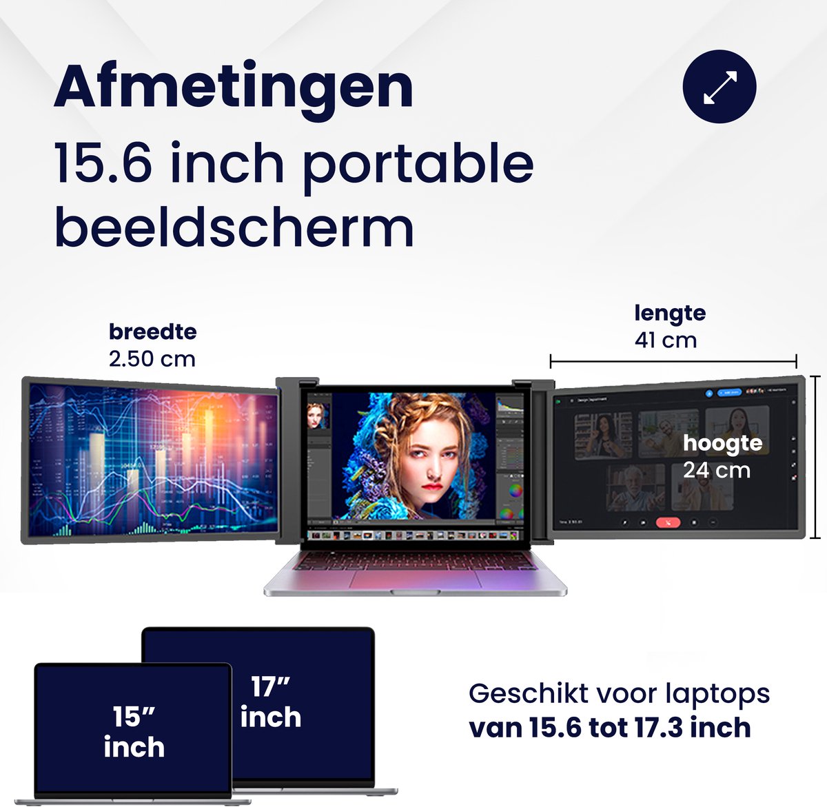 HoriVue Portable Monitor Max 15,6" Triple Screen Full HD 1920x1080 60Hz Draagbaar Extra Laptop Scherm Apple Windows - Afbeelding 3