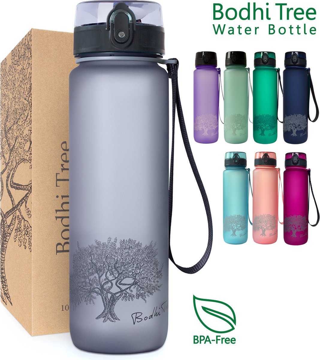 Bodhi Tree® Waterfles 1 Liter - Drinkfles 1 Liter - 100% Lekvrij - Waterflessen Volwassenen - BPA vrij - Met Drinktuit - Sports Water Bottle - Grijs - Zilvergrijs op Prijzenvolger.com