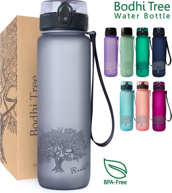 Bodhi Tree® Waterfles 1 Liter - Drinkfles 1 Liter - 100% Lekvrij - Waterflessen Volwassenen - BPA vrij - Met Drinktuit - Sports Water Bottle - Grijs - Zilvergrijs