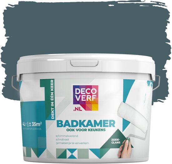 Boîte de peinture bleue avec logo Deco Verf. "COUVRE EN UN SEUL PASSAGE" et "SALLE DE BAIN, AUSSI POUR CUISINES". 4L.