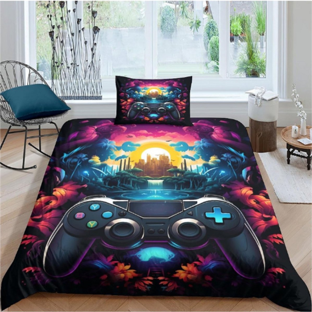 Dekbedovertrek met Gaming-Apparatuur, 3 Stuks, Hotelkwaliteit, Beddengoed en Kussenslopen met Ritssluiting, Ademend, Stijlvol Dekbed, Eenpersoons (135 x 200 cm)