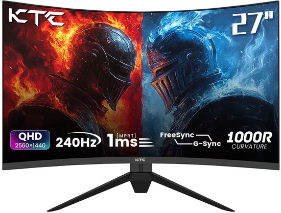 KTC H27S25E Gaming Monitor, 27 inch 2560*1440 QHD CSOT HVA-scherm, 1000R kromming, 240Hz Refresh Rate, 1ms MPRT responstijd, Adaptive Sync, 2500:1 contrastverhouding, VESA-montage, weinig blauw licht & trillingsvrij, 2*HDMI 2.0, 1*DP1.2,1*oortelefoon