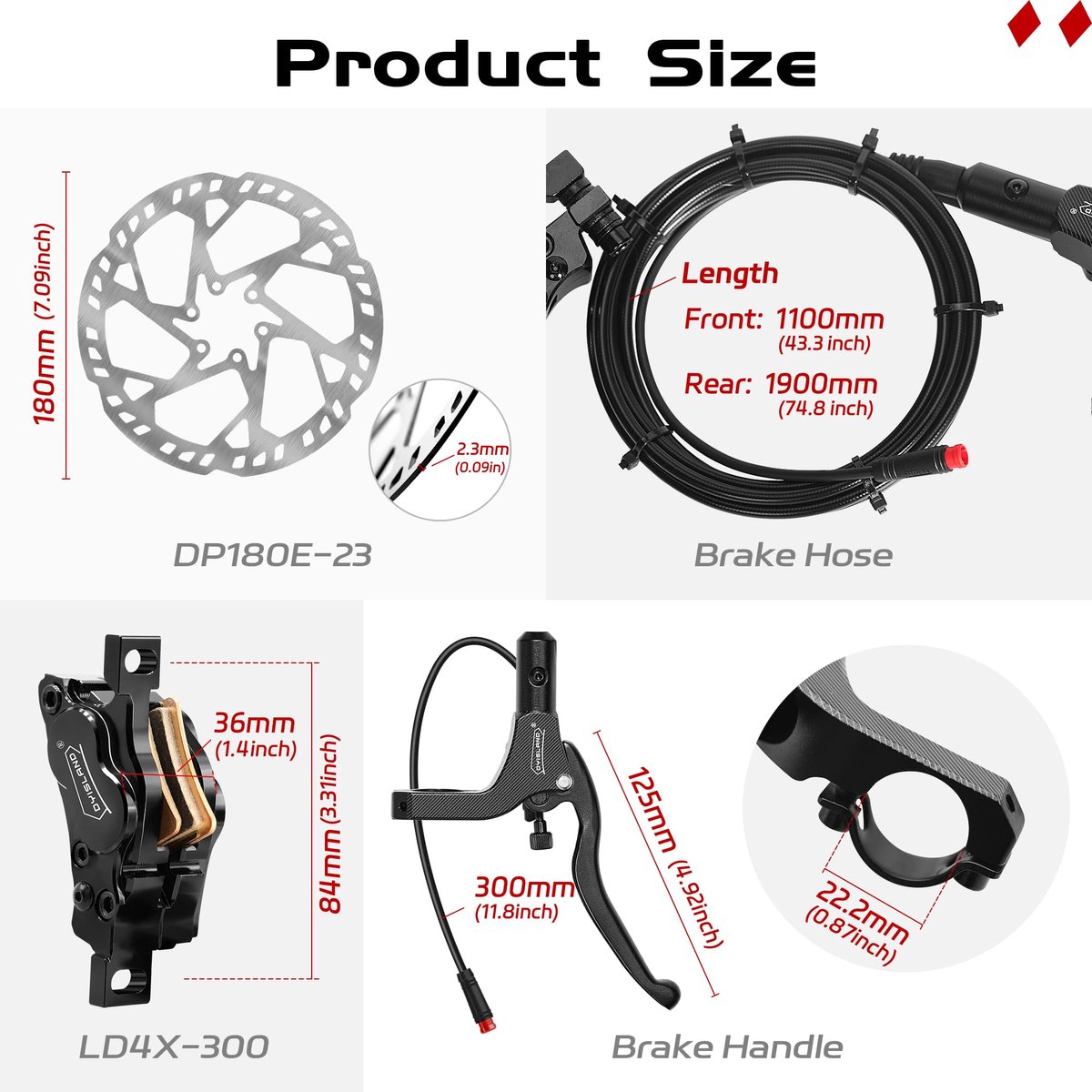 DYISLAND E-Bike Hydraulic Disc Brake Set 4 Pistons/2-Pistons, 2-PIN/3-PIN Pre-Bled with Mineral Oil Brake Kit Front and Rear Sets, with 2pcs 180mm 2.3 mm Thick Rotors (Red/2-Pin/2-Piston