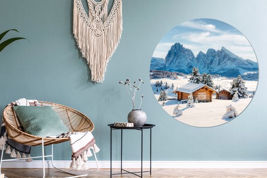 WallCircle - Wandcirkel - Muurcirkel - Winter - Huisje - Bergen - Uitzicht - Sneeuw - Aluminium - Dibond - 140x140 cm - Binnen en Buiten