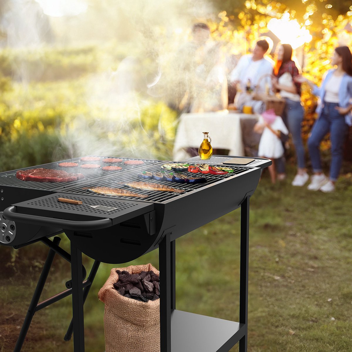 KitchenBrothers 2-in-1 Houtskool BBQ XL - Verstelbare luchtroosters - PFAS Vrij - Dubbele BBQ - Zijtafels - Grillrooster BBQ - Zwart thumbnail 4