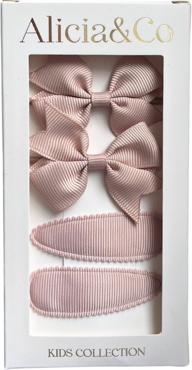 Alicia&Co - Classic Bow Set - Creamy Caramel - Set van 2 haarclips en 2 haarelastiekjes - cadeau - kraamcadeau - haarelastiekjes zonder metaal - haarspelden & clips - haarelastiekjes baby - haarelastiekjes kind - haarspeldjes kind - haarspeldjes baby