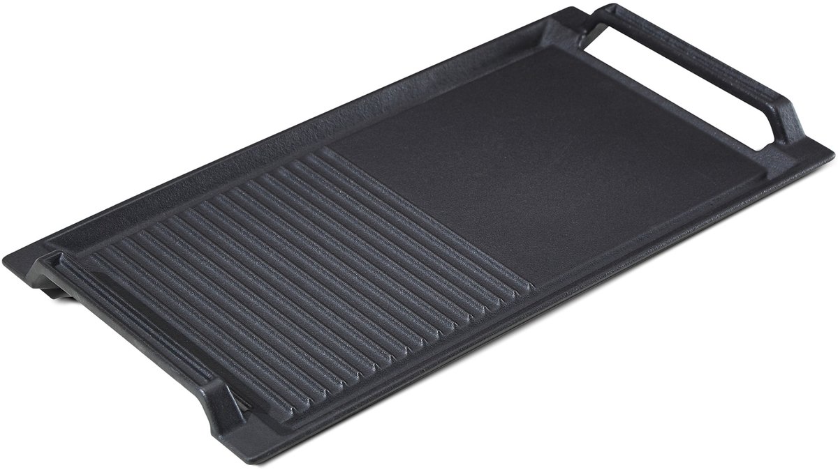 AREBOS Grillplaat voor inductie, 43,6 x 22,9 cm braadplaat, gietijzeren grillpan voor inductie, kookplaten, oven, BBQ, gasgrill, met anti-aanbaklaag, krasbestendige ondergrond, half geribbeld en half