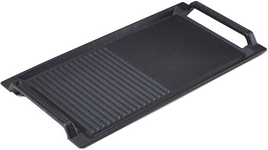 AREBOS Grillplaat voor inductie, 43,6 x 22,9 cm braadplaat, gietijzeren grillpan voor inductie, kookplaten, oven, BBQ, gasgrill, met anti-aanbaklaag, krasbestendige ondergrond, half geribbeld en half