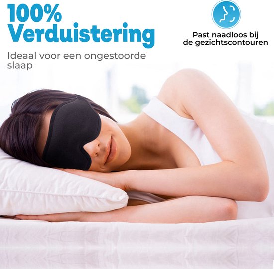 Vrouw slaapt met zwart, 100% verduisterend SIMIA slaapmasker dat naadloos aansluit op de gezichtscontouren.