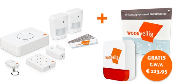 WoonVeilig voordeelpakket: alarmsysteem, bewegingsmelders, toetsenbord, sleutelhangers, buitensirene en preventiebord.