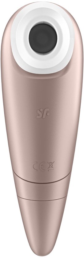 Rosegouden clitorisstimulator met witte siliconen kop, SE-logo en CE-markering.