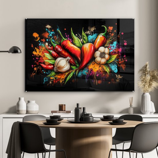 MuchoWow® Peinture sur verre 120x80 cm - Peinture acrylique sur verre - Légumes - Poivrons - Ail - Graffiti - Peinture - Coloré - Photo sur verre - Décoration murale salon - Décoration murale chambre - Peintures