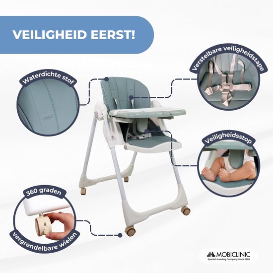 Mobiclinic Simba Kinderstoel met wielen - In hoogte verstelbaar - Inklapbaar - Verwijderbaar blad - Verstelbaar Baby Eetstoel - Steunharnas - 5-puntsgordel - Wielen met rem - Wasbare en afneembare stof - Kinderzitje van Mobiclinic — afbeelding 3