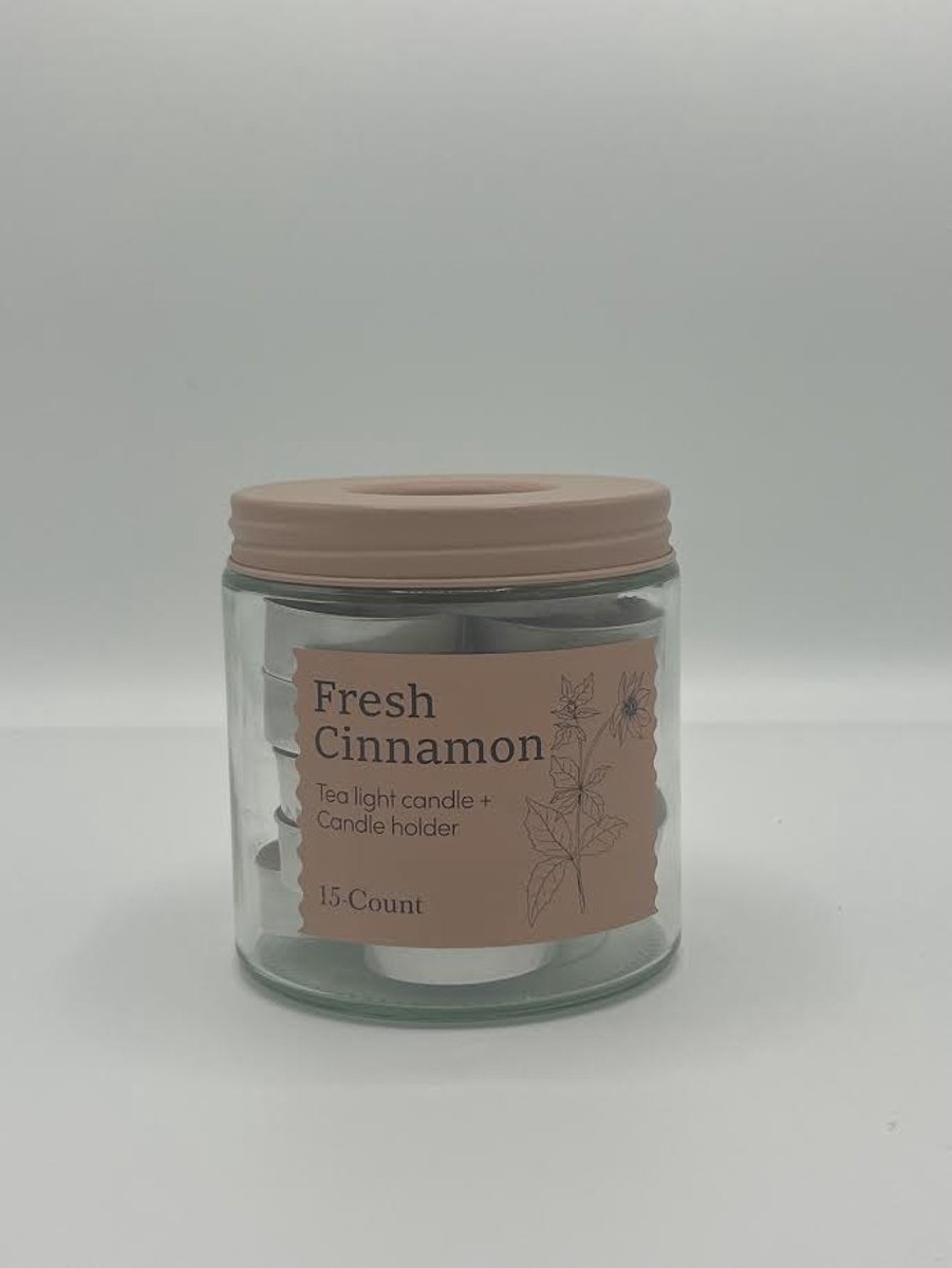 Fresh Cinnamon - theelicht kaarsen + kaarshouder - 15 stuks