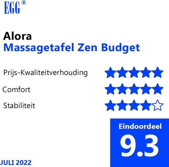 Beoordeling van de Alora Massagetafel Zen Budget: Prijs-Kwaliteit 5/5, Comfort 5/5, Stabiliteit 4.5/5. Eindordeel 9.3.