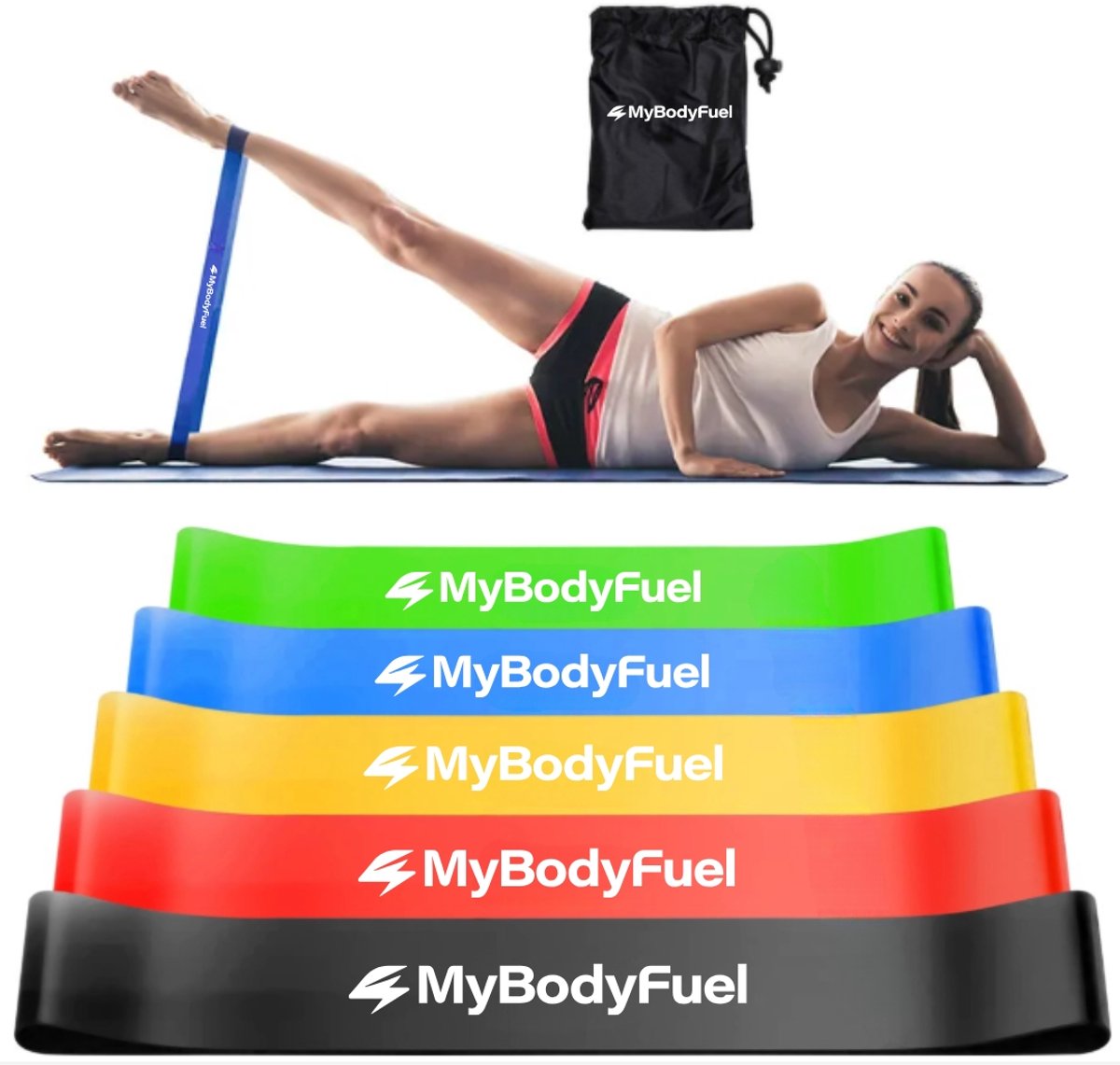 MyBodyFuel - Weerstandsbanden - set van 5 stuks - Extra sterk tot 18kg - 5 Kleuren - Incl. Opbergzakje - Resistance band set - Fitness Elastiek