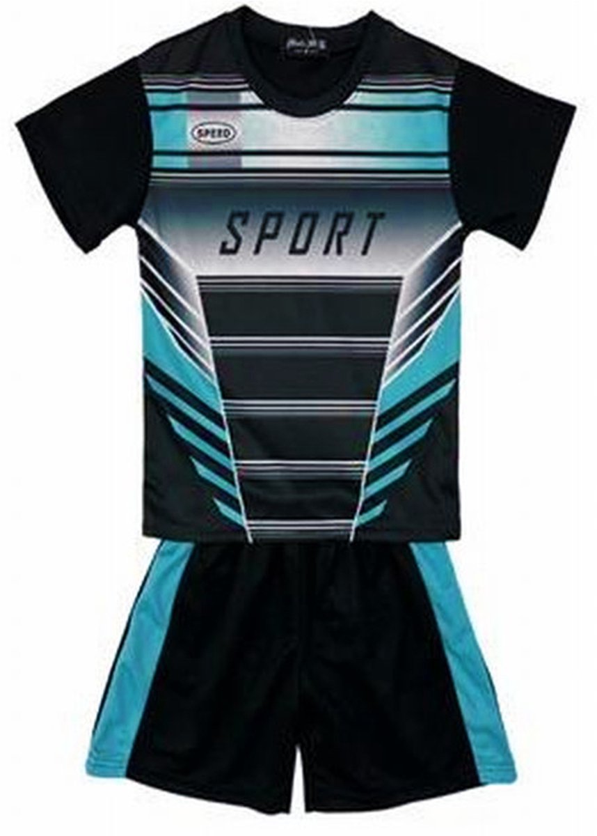 Kinder sport set tenue maat 134/140 tweedelig zwart/blauw t-shirt + korte broek sportset sportkleding unisex mooie kwaliteit