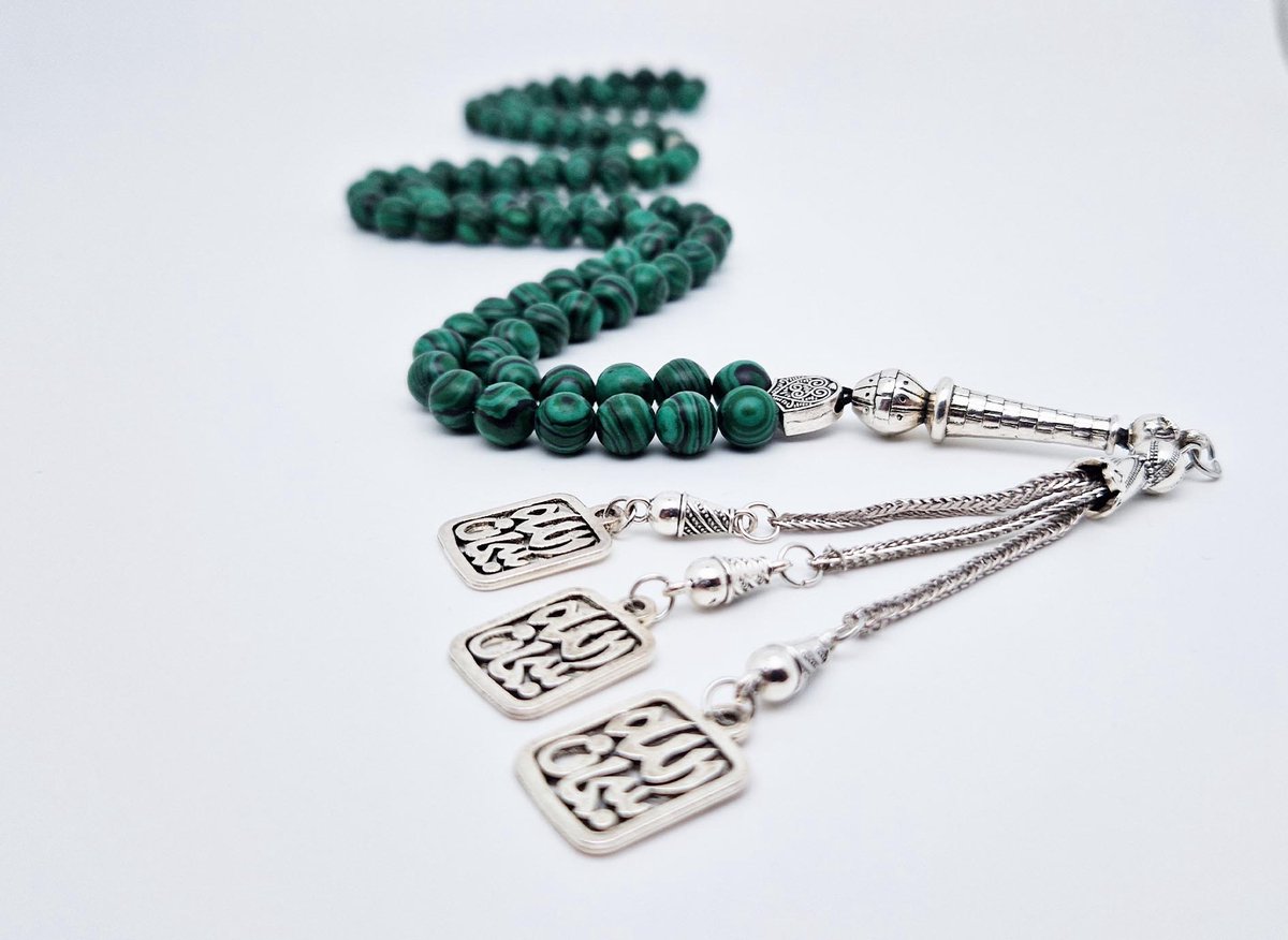 Handgemaakte tesbih "Tasbih" natuursteen "Malachiet" - Aantal kralen 99 - Diameter kralen 8MM - met metaal tassel "Subhan Allah" - Een mooi cadeau-idee