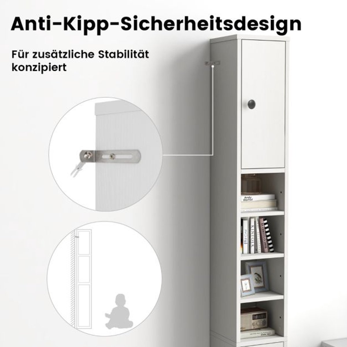 FURNIBELLA-Smalle badkamerkast – 2 deuren, 1 lade & verstelbare planken