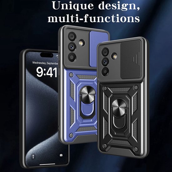 Zwarte en blauwe telefoonhoesjes met metalen ringstandaard en schuifje voor de camera, naast een telefoon.