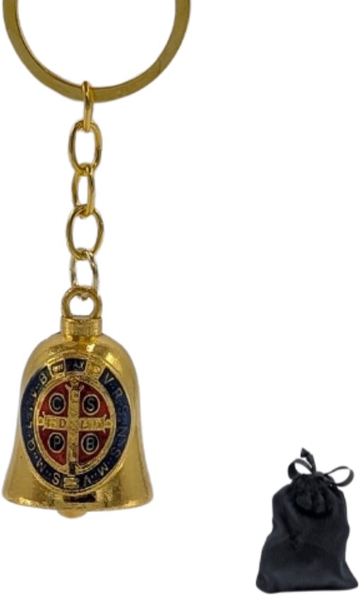 Porte-clés clochette dorée avec croix, incluant une pochette noire.