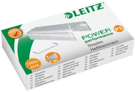 Boîte de 1000 agrafes Leitz P3 (24/6), métal argenté, avec pictogrammes.