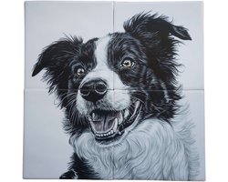 MadDeco Nederlands fabrikaat Bordercollie op plateau van 4 tegels Friese Witjes 13 x 13 cm per tegel