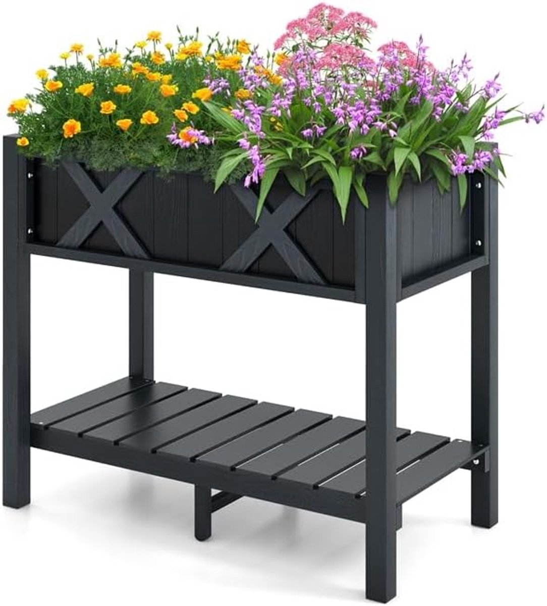 COSTWAY Verhoogd bloembed met plank, verhoogd bloembed, hout, plantenbak met drainagegaten, plantenbak, kruidenbak, plantenbak, tuinbed, kweekbed voor balkon, tuin, balkon, 86 x 45 x 73 cm (zwart)