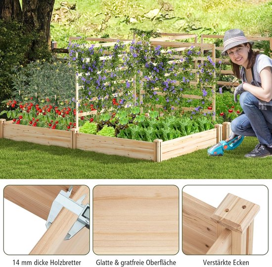 GOPLUS Verhoogd bloembed met rankrooster, bloembak met hangend dak en afvoergaten, plantenbak klimhulp voor tuin, terras, binnenplaats (oranje, 78 x 36 x 152 cm