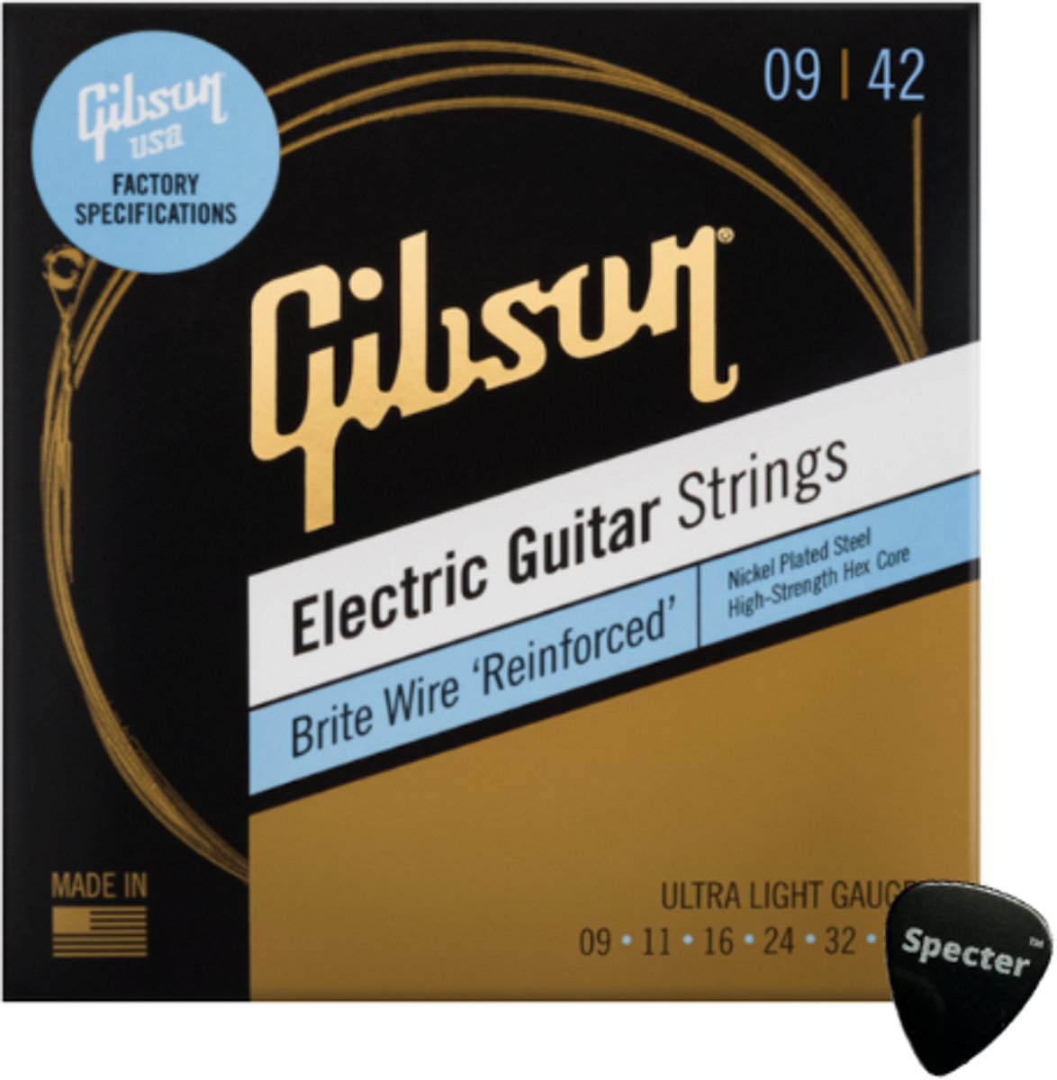 Gibson Nikkel Brite Wire Gitaarsnaren voor Elektrische Gitaar Ultra Light 09-42 + Specter Plectrum – Topkwaliteit en Helder Geluid