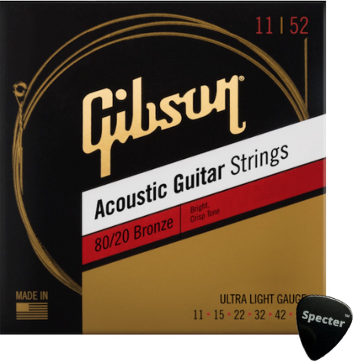 Gibson 80/20 Bronze Gitaarsnaren voor Akoestische Gitaar Extra Light 11-52 + Specter Plectrum – Hoogwaardige Klank en Duurzaamheid