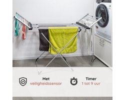 Eleganca Elektrisch Droogrek XL – 170 x 61 x 105 cm – Verwarmd Wasrek voor Kleding en Handdoeken – Extra groot - Timer met Touchscreen – Elektrisch – 220-240V - 310W - IPX1 - Zilver
