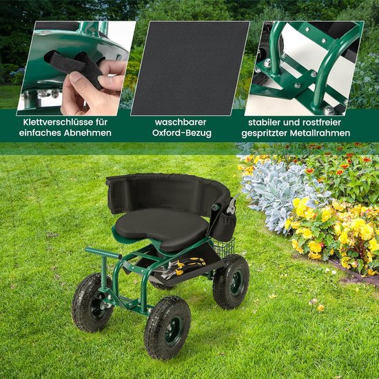 COSTWAY Rolzitje met wielen, 360 graden draaibaar, in hoogte verstelbaar, mobiele tuinstoel met stuurgreep, mand, opbergruimte en zitkussen, tuinkruk tot 150 kg, metalen tuinrolstoel, voor tuinieren, van Costway — afbeelding 3