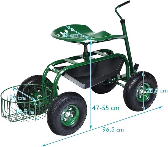 COSTWAY Rolzitje met wieltjes, tuinwagen met uittrekbare handgreep en mand, 360 graden draaibaar, in hoogte verstelbaar, tot 150 kg, verrijdbare tuinstoel, tuinrolstoel voor tuinieren, groen, van Costway — afbeelding 4