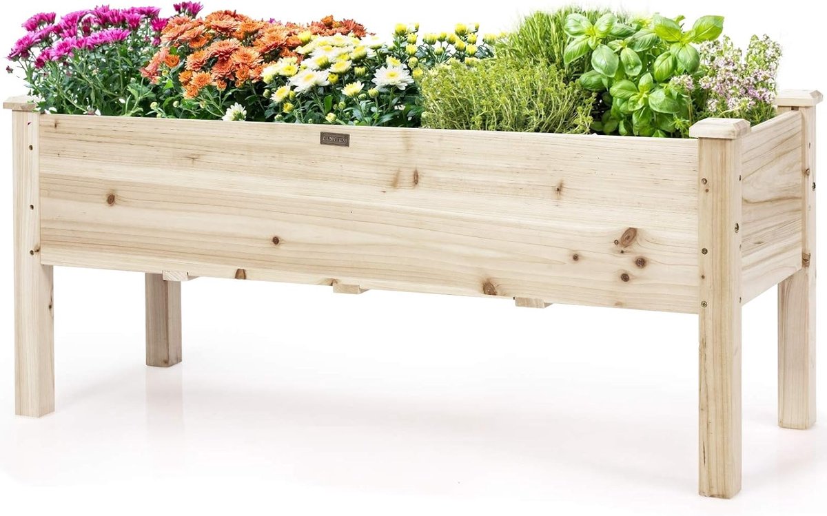 COSTWAY Verhoogd bloembed van hout, plantenbak voor kinderen, 120 x 43,5 x 51 cm, belastbaar tot 100 kg, bloempot met afvoergaten, rechthoekige kruidenbak, kweekbed, tuin, terras, balkon