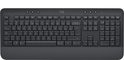 Een zwart Logitech toetsenbord met uitgebreid toetsenbordlay-out, op witte achtergrond.
