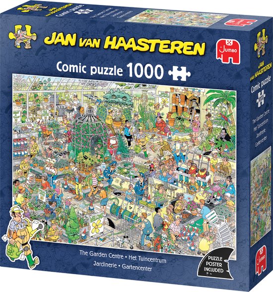 Doos van een 1000-delige Jan van Haasteren puzzel 'Het Tuincentrum'. De afbeelding toont een drukke serre met kerstversiering. Poster inbegrepen.