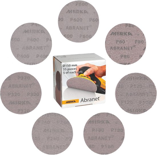 Disques abrasifs filet Mirka Abranet Ø 150 mm auto-agrippants / Pack mixte 5 de chaque grain 80, 120, 180, 240, 320, 400, 600 / 35 pièces / Pour toutes les ponceuses excentriques et ponceuses 150 mm