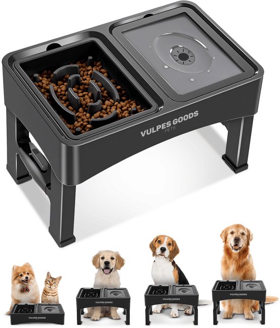 Vulpes Goods® Pets - Voerbak Hond met Standaard - Drinkbak Hond Anti Knoei - Anti Schrokbak Hond - Verhoogde Voerbak - 4 Hoogtes - Slow Feeder - Dubbel - Zwart