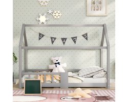 Kinderbed Huisbed 90x200 cm, Houten Bed voor Kinderkamer inclusief Bord, Lattenbodems, Valbeveiliging, van Grenen Hout, Grijs (Zonder Matras)