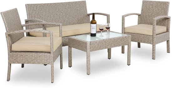 Wat zijn de beste tuinmeubelen voor een kleine tuin of balkon 18 Casaria Polyrattan Tuinset - 4 Personen Incl. Kussens Bank - Creme