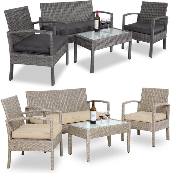 Ensemble de jardin en polyrotin Casaria - 4 personnes incl. Coussins pour banc - Crème