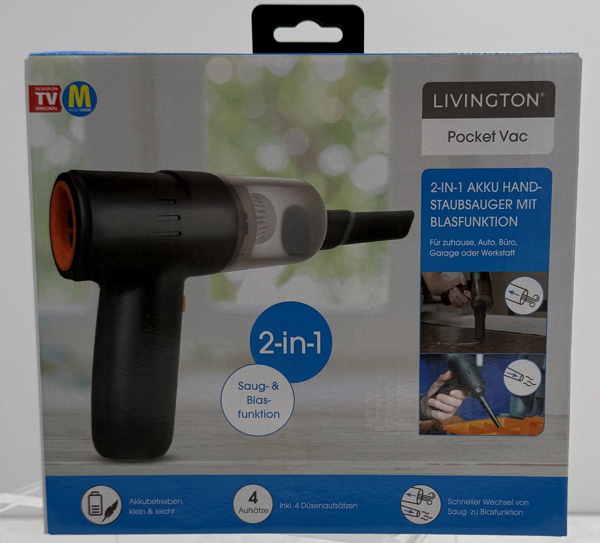 LIVINGTON PocketVac - Akku Handstaubsauger mit Gebläse - kabelloser Mini Staubsauger für Auto, Büro & Zuhause - Auto Staubsauger mit Aufsätzen, Filter & USB-C Kabel - Handsauger - Starke Saugkraft