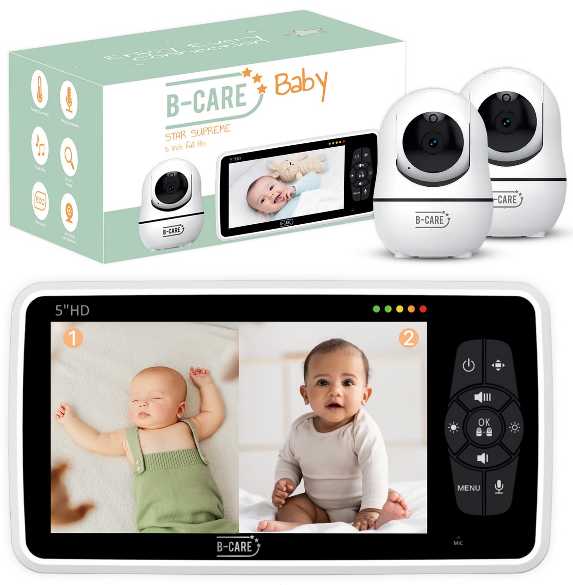 Afbeelding 2 van B-Care Star Supreme - Babyfoon Met 2 Camera's - 5.0 Inch HD Baby Monitor - Split screen - Zonder Wifi en App