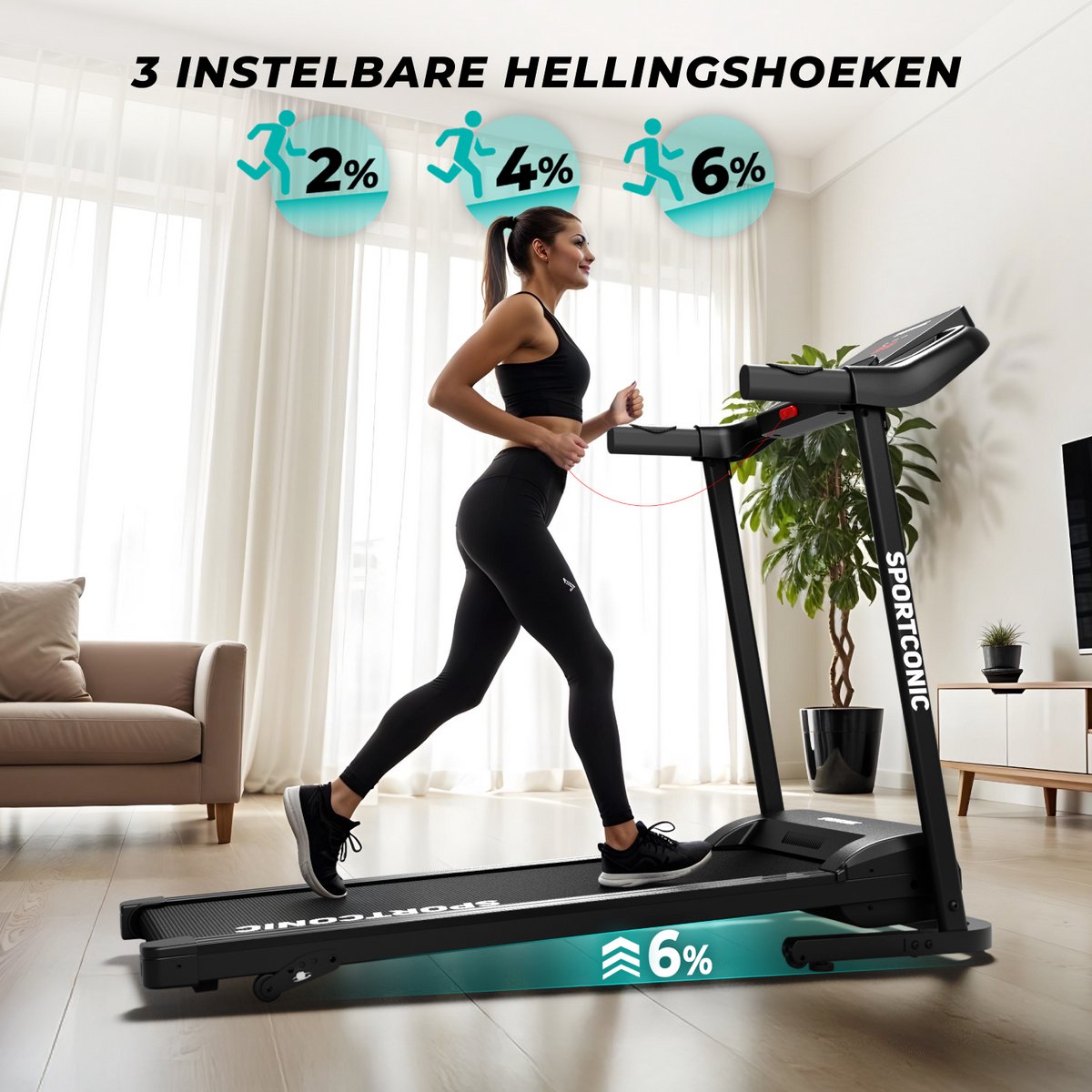 Afbeelding 3 van Sportconic Loopband 1-12 km/u – Loopband Inklapbaar – Professionele Loopband voor Thuis – 12 Programma's – Met Hellingfunctie – Incl. LED-display en Hartslagmeter