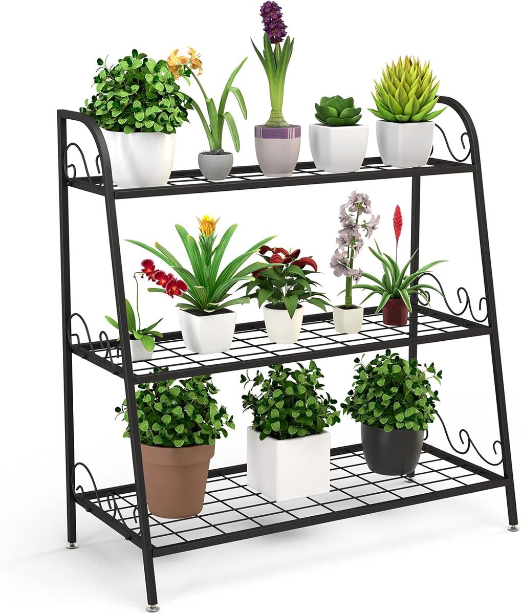COSTWAY Metalen bloementrap, 3-traps plantenstandaard, plantenrek, tentoonstellingsrek voor binnen en buiten, plantenrek, bloemenrek met verstelbare poten, voor terras, tuin, balkon