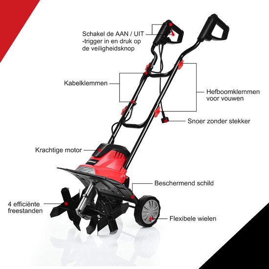 COSTWAY Elektrische vloerhak, motorhak, elektrisch, vloerfrees, tuinfrees, tuinfrees, tuinfrees, 4 hakmessen, 1200 W, 22 cm werkdiepte, 35 cm werkbreedte, 365 omw/m, met veiligheidsschakelaar, rood van Costway — afbeelding 3