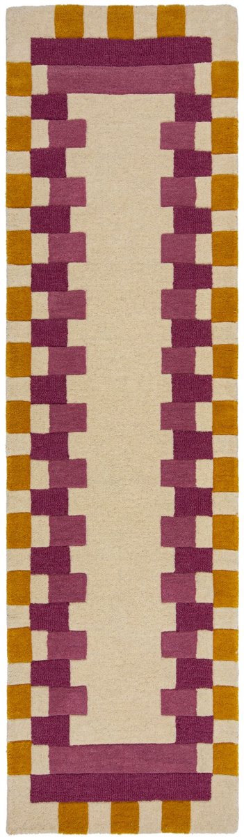 flycarpets Loper Wollen Vloerkleed Kai - Kader - Lijstmotief - Roze / Geel 67x300 cm