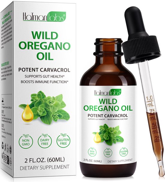 Bruine druppelfles met 'Wild Oregano Oil' etiket, naast de kartonnen verpakking, met een druppelaar boven de fles.